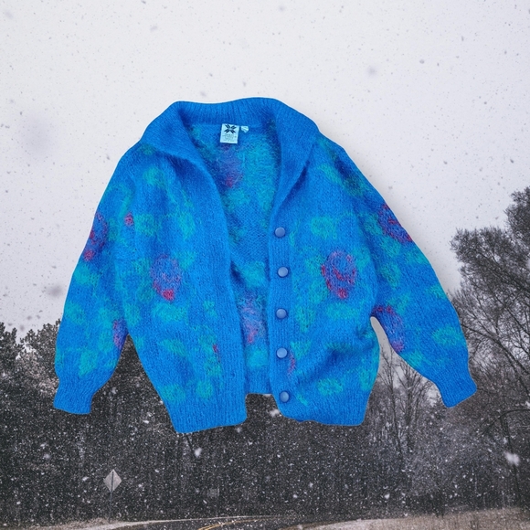90s Vintage Blue Womens Mohair Wool Cardigan Sweater Fuzzy...